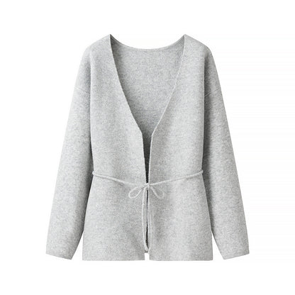 Damen lockere Strickjacke mit Taillenschnürung und weitem V-Ausschnitt Stalluxe
