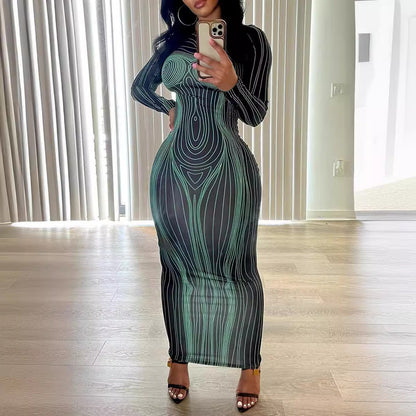 Damen Langarm Maxikleid mit figurformender Linienstruktur Stalluxe