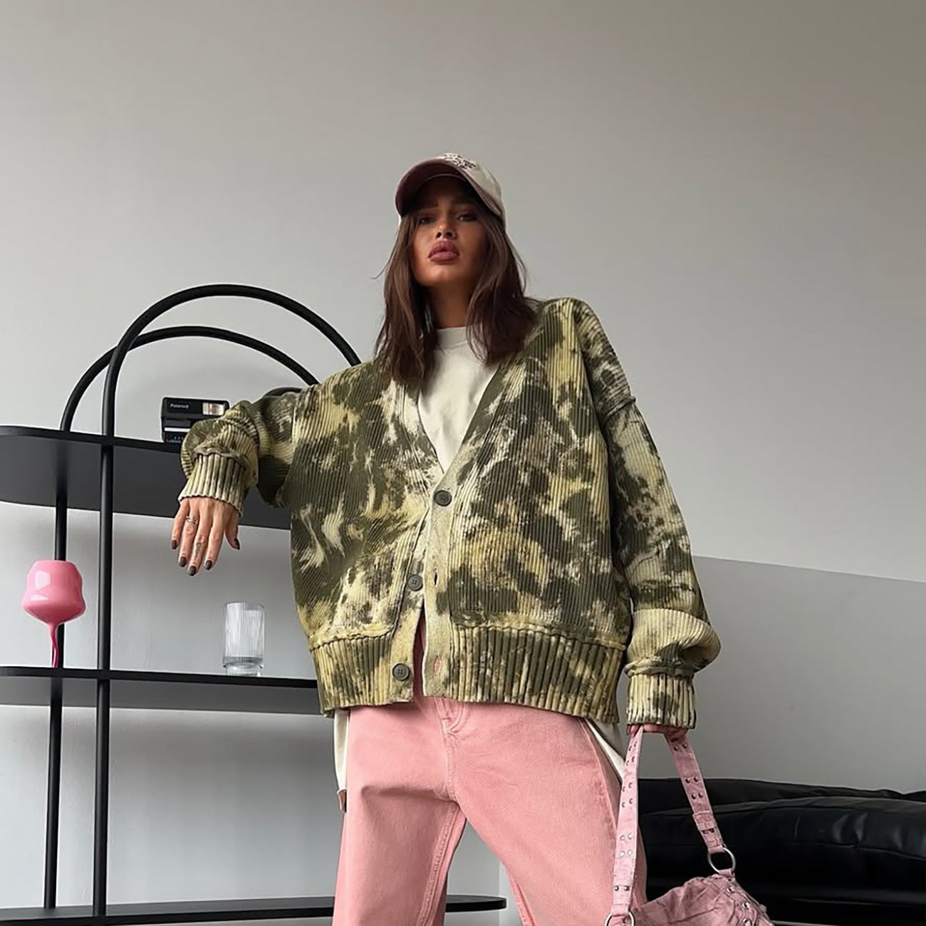 Damen Oversized Strickjacke im modernen Tie-Dye-Design Stalluxe Camouflagegrün