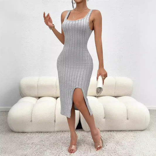 Damen Körperbetontes Rippkleid mit seitlichem Schlitz und Quadrat-Ausschnitt Stalluxe