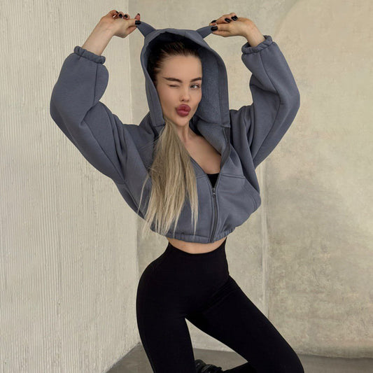 Damen cropped Kapuzenjacke mit einzigartigem Ohren-Design Stalluxe