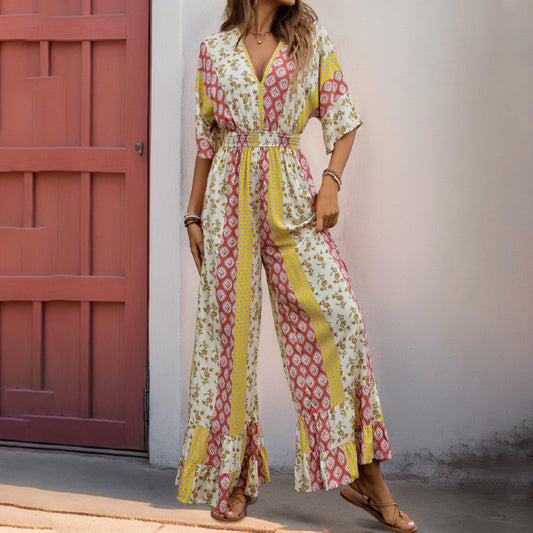 Damen Maxi-Jumpsuit mit floralen Mustern und voluminösen Ärmeln Stalluxe