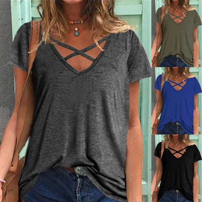 Women's Crisscross V-Neck Casual Tee Stalluxe