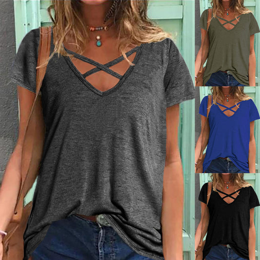 Women's Crisscross V-Neck Casual Tee Stalluxe