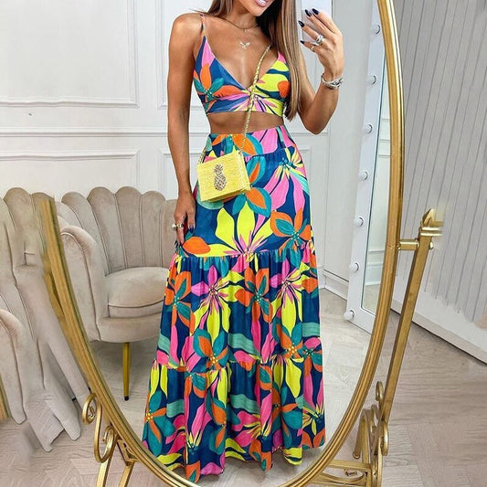 Damen Maxi-Rock mit kurzem Oberteil und buntem Blumenmuster Stalluxe