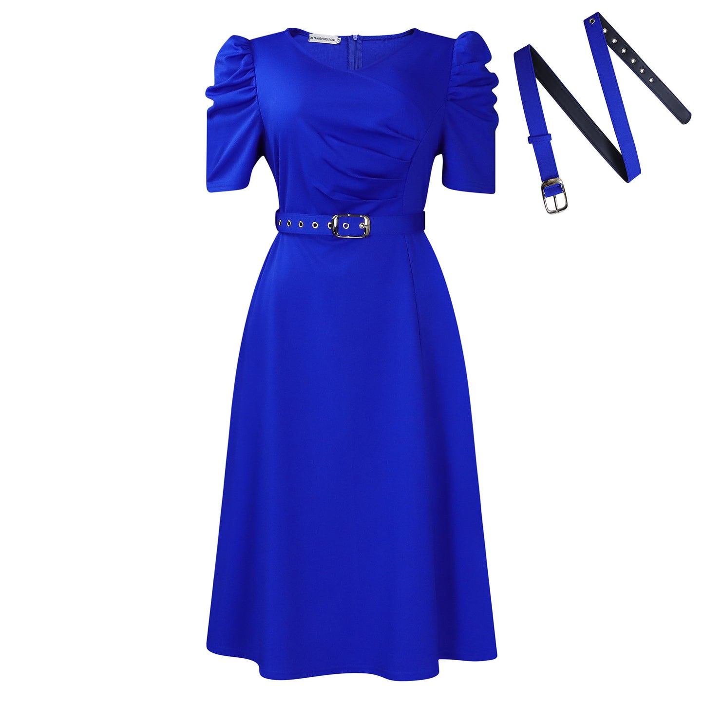 Damen Midi-Kleid mit voluminösen Puffärmeln und schickem Taillengürtel Stalluxe