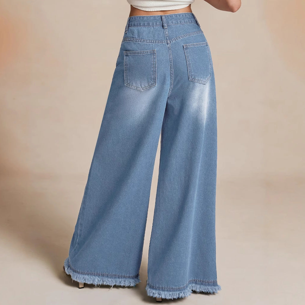 Damen Weite Denim-Hose mit Fransensaum und hohem Bund Stalluxe