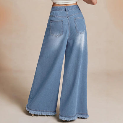 Damen Weite Denim-Hose mit Fransensaum und hohem Bund Stalluxe
