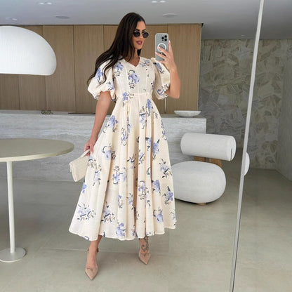 Damen Maxikleid mit elegantem V-Ausschnitt und voluminösen Puffärmeln Stalluxe