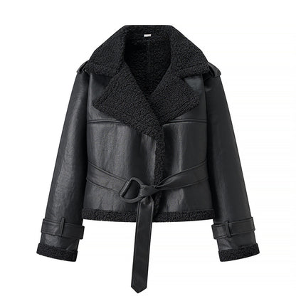 Damen Modische Kunstlederjacke mit kuscheligem Innenfutter und Bindegürtel Stalluxe