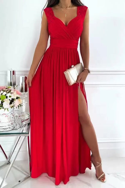 Damen elegantes Maxikleid mit Spitzenärmeln und seitlichem Schlitz Stalluxe