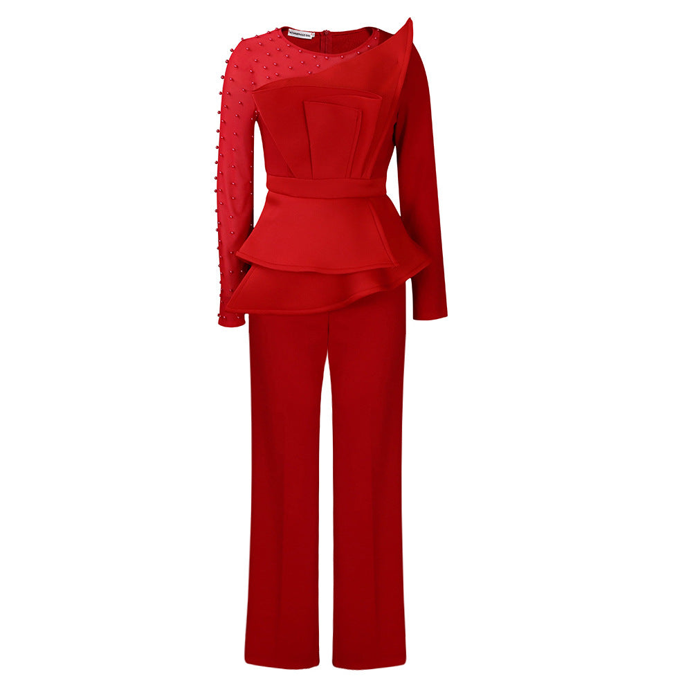 Damen Eleganter Overall mit asymmetrischem Design und raffiniertem Kragen Stalluxe Rot