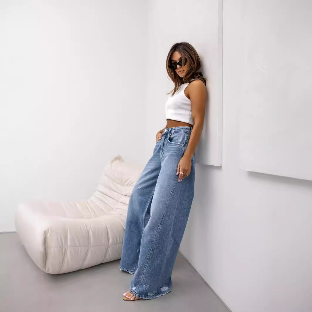 Damen Weit geschnittene Jeanshose mit hohem Bund und lässigem Stil Stalluxe