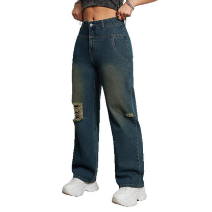 Damen weite Jeanshose mit modischem Distressed-Effekt und hoher Taille Stalluxe