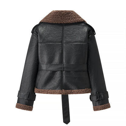 Damen Modische Kunstlederjacke mit kuscheligem Innenfutter und Bindegürtel Stalluxe