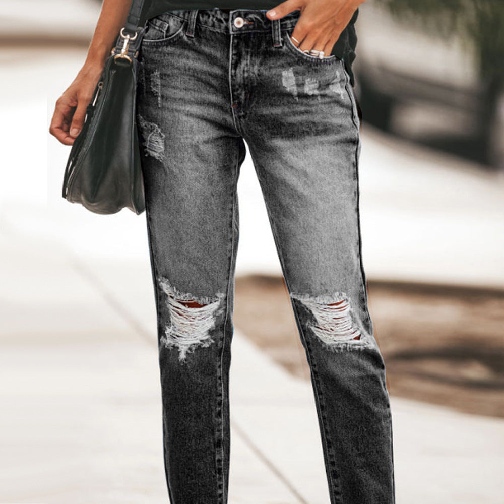 Damen Slim Fit Jeans mit Destroyed-Details und hohem Taillenbund Stalluxe