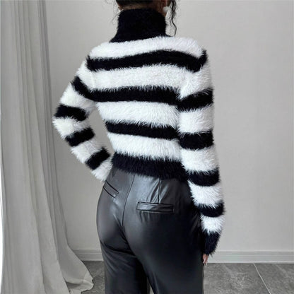 Damen modischer Strickpullover mit trendigem gestreiften Design und hohem Kragen Stalluxe