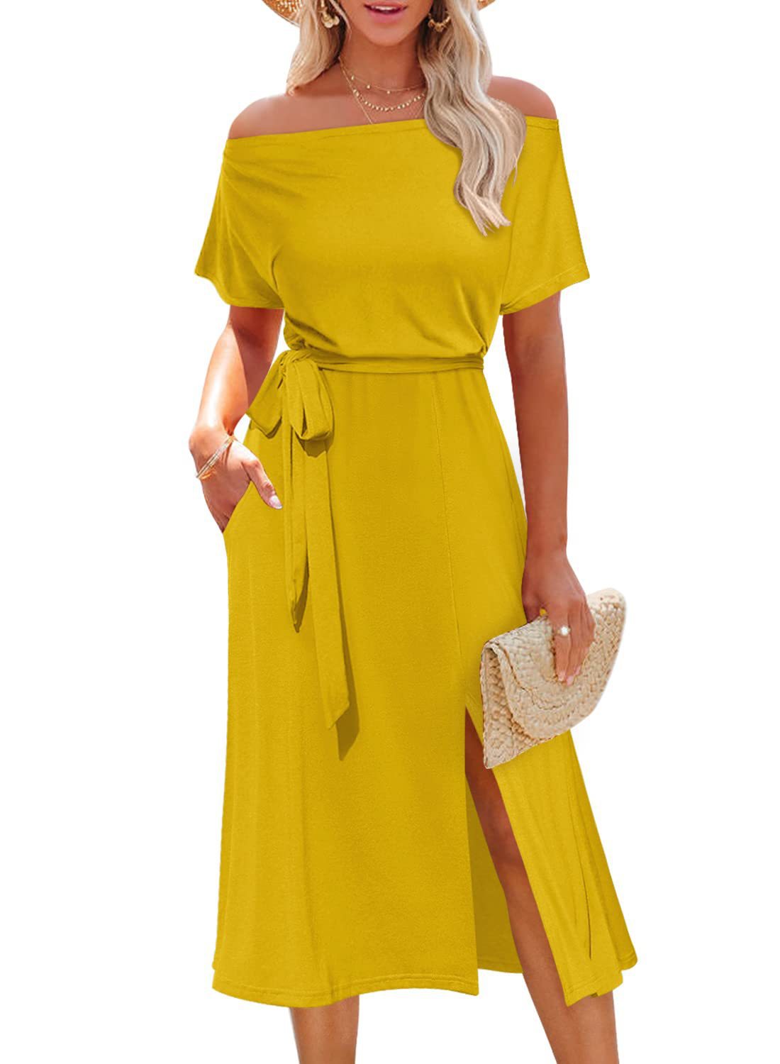 Damen Off-Shoulder Midikleid mit Taillengürtel und praktischen Taschen Stalluxe
