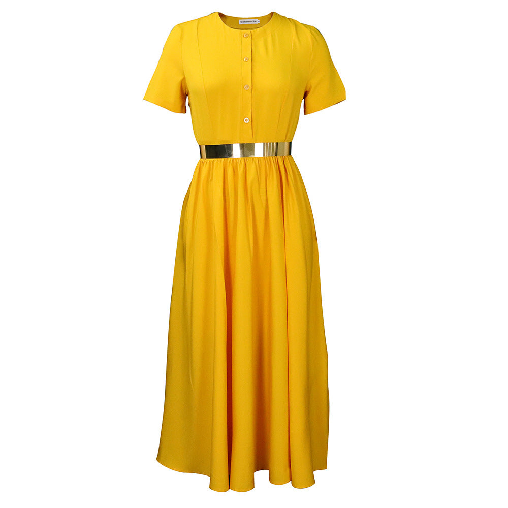 Damen Elegantes Maxikleid mit Knopfleiste und glamourösem Gürtel Stalluxe Gelb