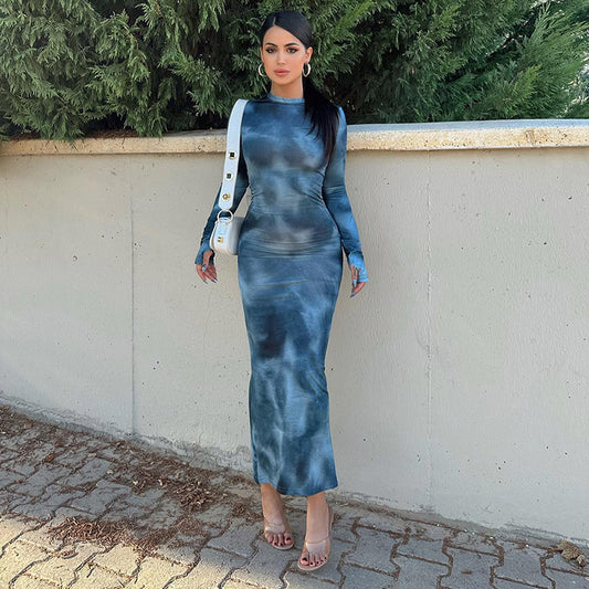 Damen figurbetontes Maxikleid mit langen Ärmeln und modernem Batikmuster Stalluxe