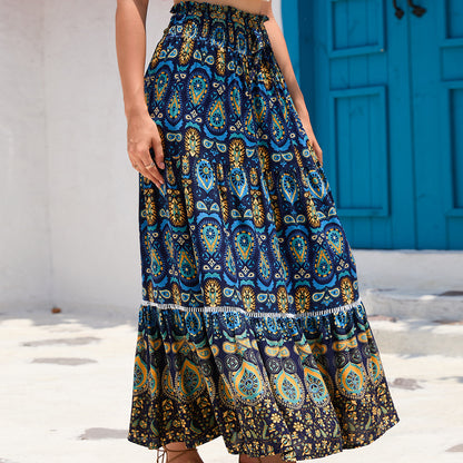 Damen Maxirock im bunten Paisley-Design mit Volant und elastischem Bund Stalluxe