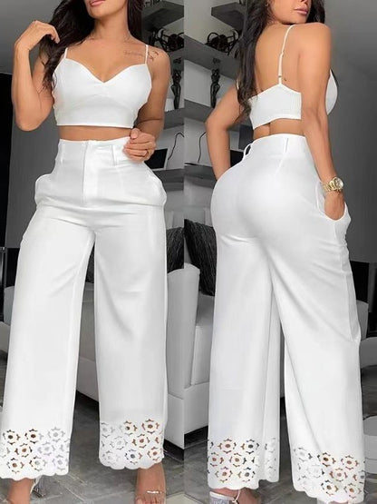 Damen Zweiteiliges Set aus Crop-Top und weiter Hose mit Spitzenbordüre Stalluxe
