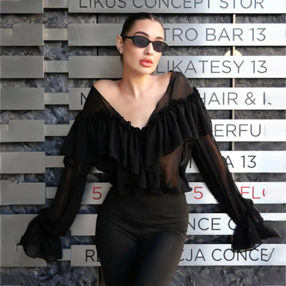Damen Bluse mit voluminösen Rüschendetails und eleganter Knopfleiste Stalluxe