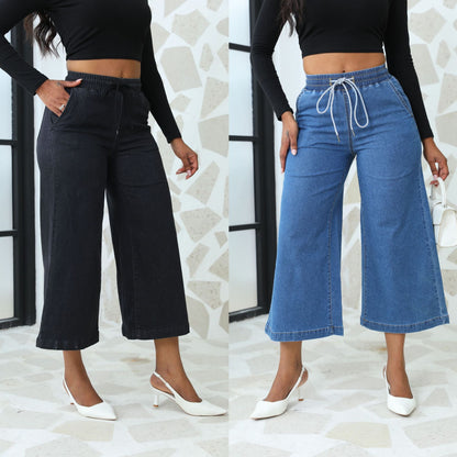 Damen weite Denim-Hose mit elastischem Bund und Kordelzug Stalluxe