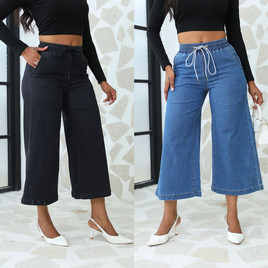 Damen weite Denim-Hose mit elastischem Bund und Kordelzug Stalluxe