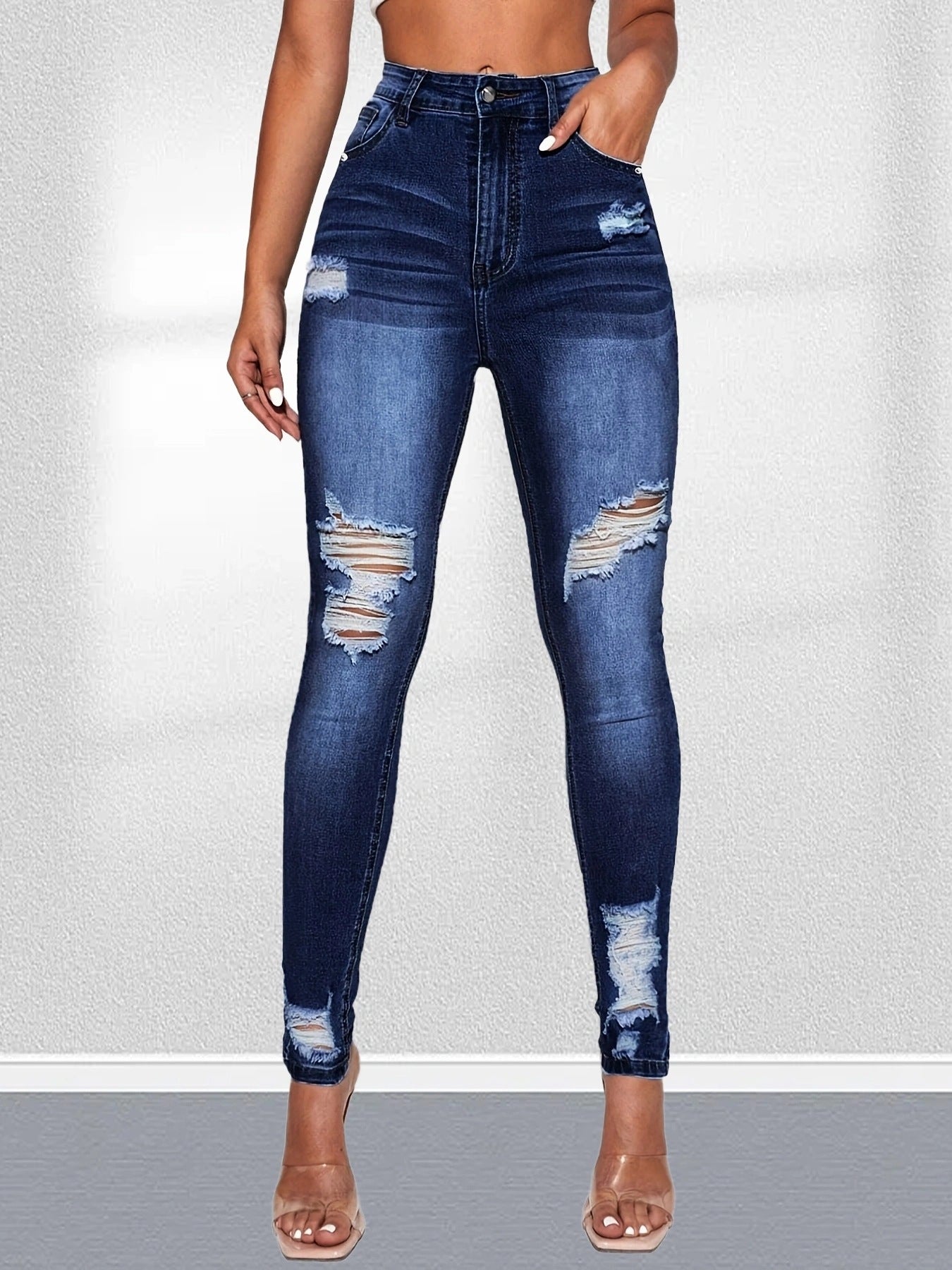 Damen Ripped High-Waist Jeans im Vintage-Look Stalluxe Dunkelblau