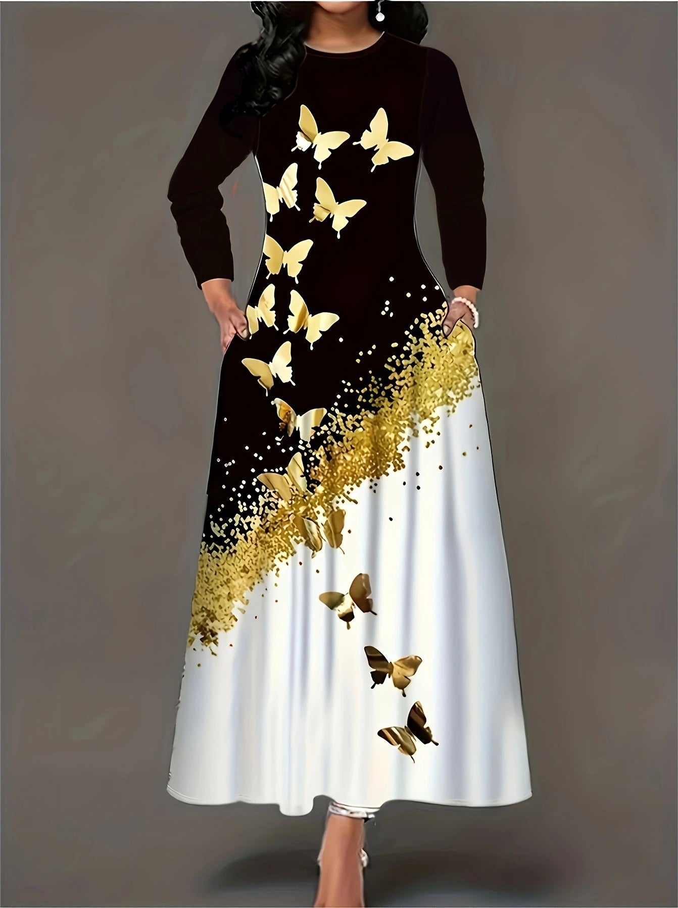 Damen Maxikleid mit elegantem Schmetterlingsdesign und goldenen Akzenten Stalluxe
