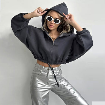 Damen cropped Fleece-Hoodie mit Kordelzug und weiten Ärmeln Stalluxe