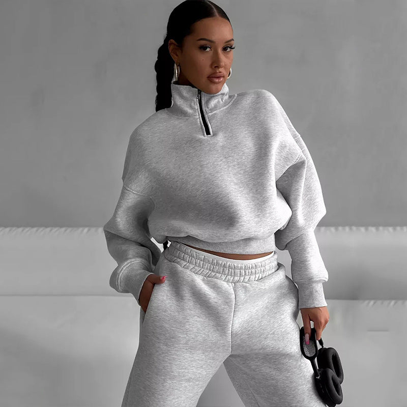 Damen sportliches Crop-Pullover-Set mit hohem Kragen und elastischem Bund Stalluxe