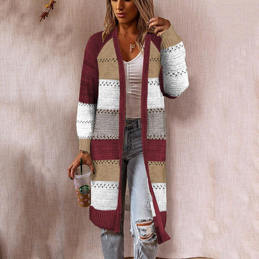 Damen Strickjacke im Retro-Patchwork-Stil mit langen Ärmeln und offenen Front Stalluxe