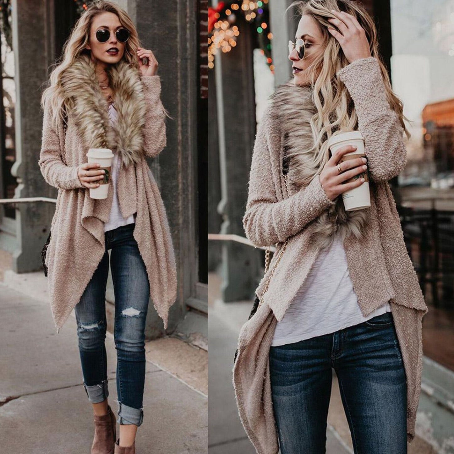 Damen Flauschiger Cardigan mit abnehmbarem Kunstfellkragen Stalluxe