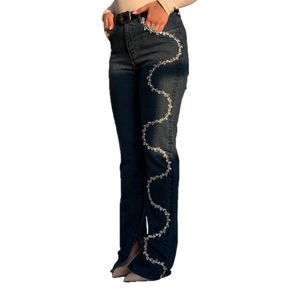 Damen Bootcut-Jeans mit glitzernden Applikationen und fransigen Abschlüssen Stalluxe