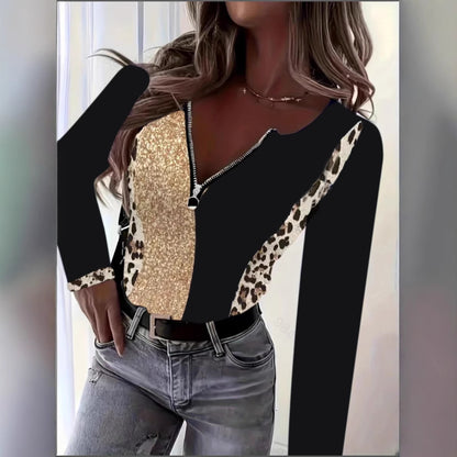 Damen Glitzerndes Oberteil mit Reißverschluss und Animal-Print Stalluxe