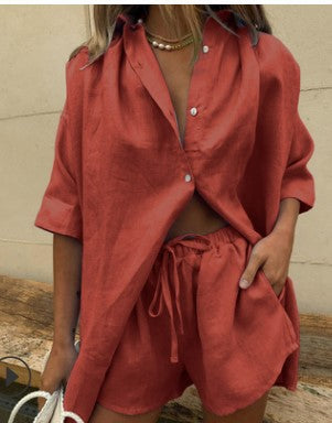 Damen lässiges Leinen-Set mit oversized Hemd und kurzen Hosen Stalluxe