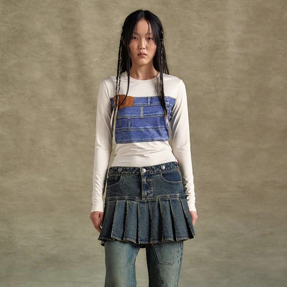 Damen Langarmshirt mit kreativem Denim-Druck und figurbetontem Schnitt Stalluxe