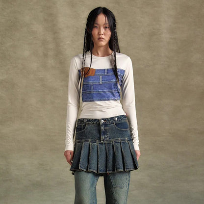 Damen Langarmshirt mit kreativem Denim-Druck und figurbetontem Schnitt Stalluxe