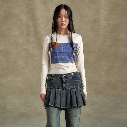 Damen Langarmshirt mit kreativem Denim-Druck und figurbetontem Schnitt Stalluxe