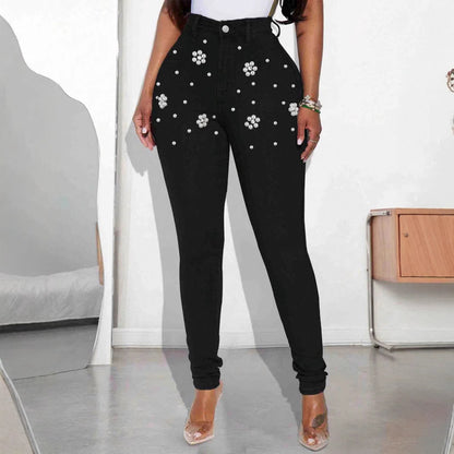 Damen Figurbetonte High-Waist Jeans mit Perlenapplikationen Stalluxe