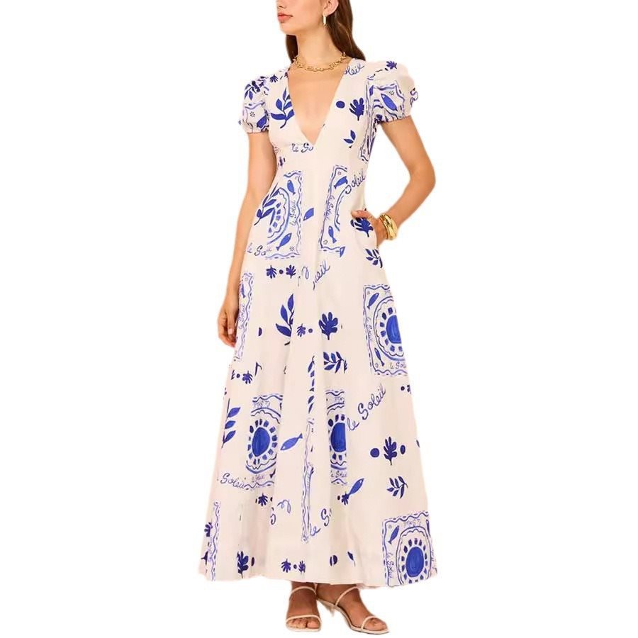 Damen Maxikleid mit voluminösen Puffärmeln und floralen Mustern Stalluxe