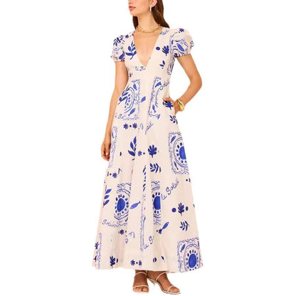 Damen Maxikleid mit voluminösen Puffärmeln und floralen Mustern Stalluxe