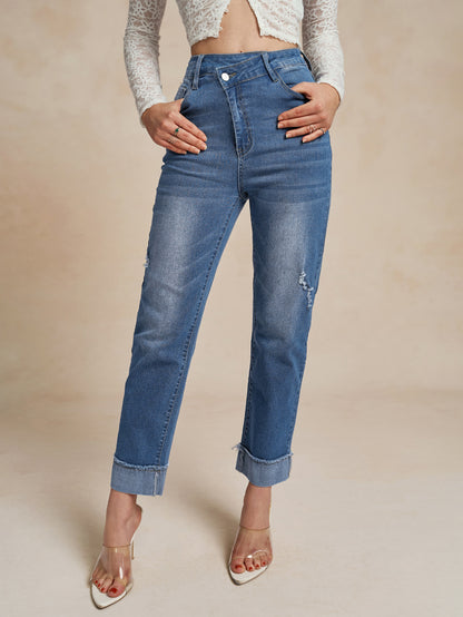 Damen elegante High-Waist Jeans mit modischem Used-Look Stalluxe