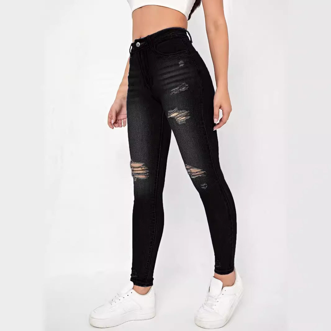 Damen Skinny Jeans mit modischen Rissdetails und hohem Bund Stalluxe