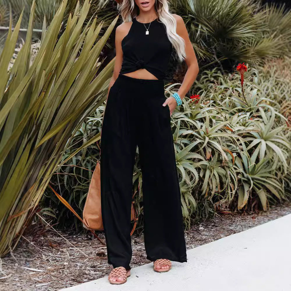 Damen Weite Leinenhose mit elastischem Bund und Falten Stalluxe