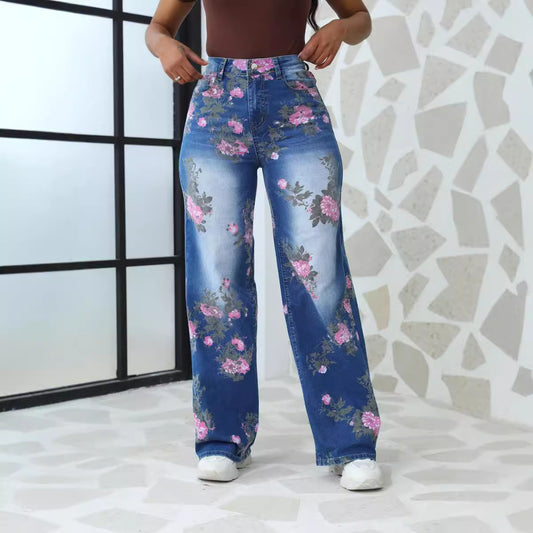 Damen Blumige Wide-Leg Jeans im modischen Design mit hohem Bund Stalluxe
