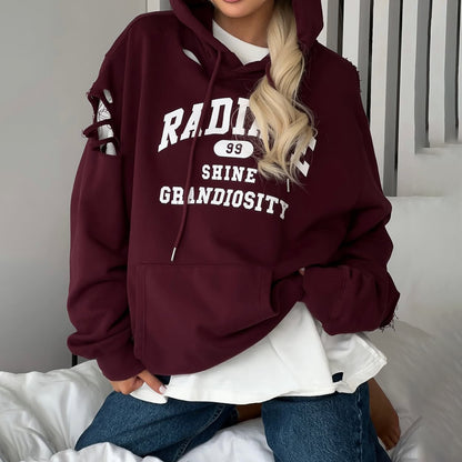 Damen Oversized Kapuzenpullover mit trendigen Rissdetails Stalluxe Bordeaux