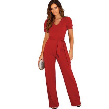 Damen Eleganter Jumpsuit mit Taillengürtel und Puffärmel Stalluxe